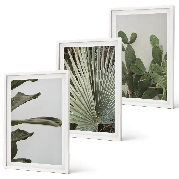 Three-piece wall art set pastel tropical leaves design