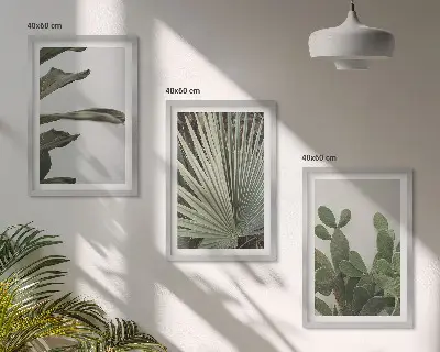 Three-piece wall art set pastel tropical leaves design