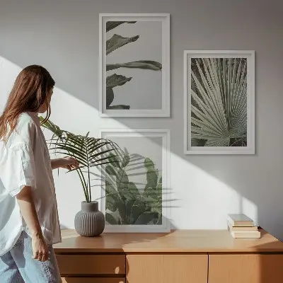 Three-piece wall art set pastel tropical leaves design