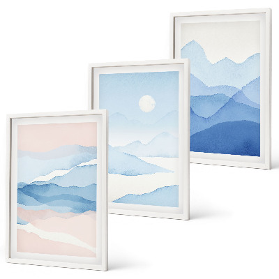 Set of 3 framed wall art pieces Blue pink mountains watercolor