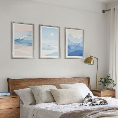 Set of 3 framed wall art pieces Blue pink mountains watercolor