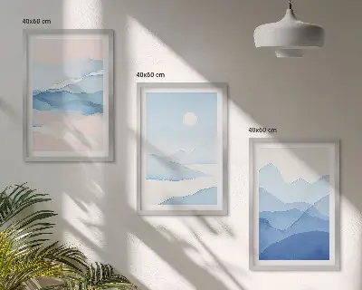 Blue and pink watercolor mountain wall art set of 3 framed pieces