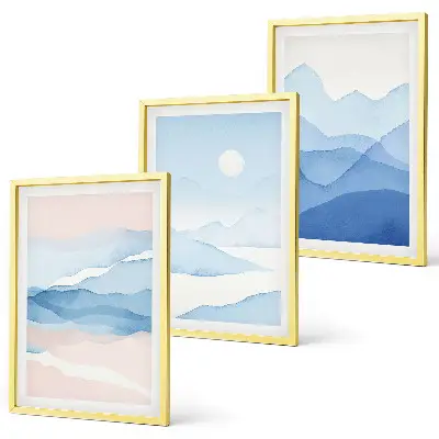 Blue and pink watercolor mountain wall art set of 3 framed pieces