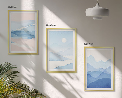 Set of 3 framed wall art pieces Blue pink mountains watercolor