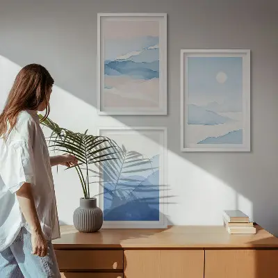 Blue and pink watercolor mountain wall art set of 3 framed pieces