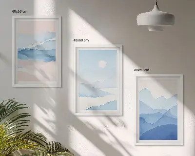 Blue and pink watercolor mountain wall art set of 3 framed pieces