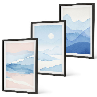 Set of 3 framed wall art pieces Blue pink mountains watercolor