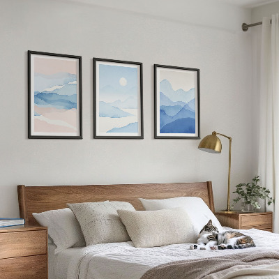 Set of 3 framed wall art pieces Blue pink mountains watercolor