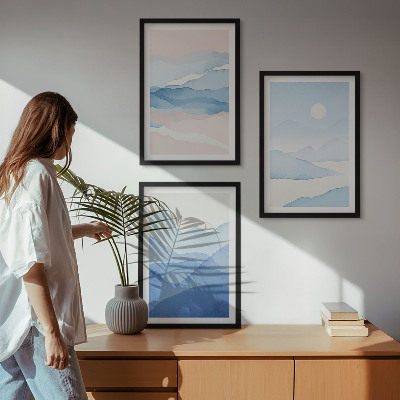 Set of 3 framed wall art pieces Blue pink mountains watercolor