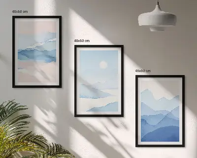 Blue and pink watercolor mountain wall art set of 3 framed pieces