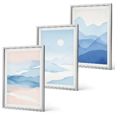 Blue and pink watercolor mountain wall art set of 3 framed pieces