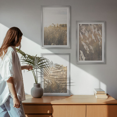 Set of 3 framed wall art pieces Landscape grass flowers warmth