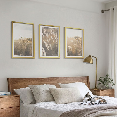 Set of 3 framed wall art pieces Landscape grass flowers warmth