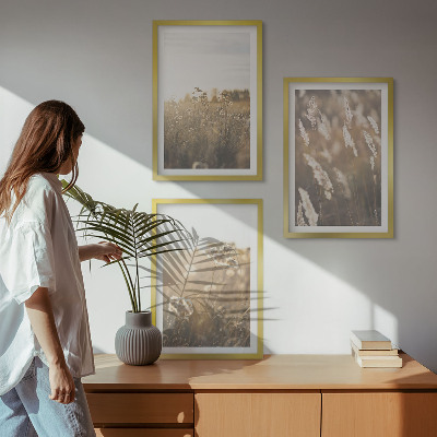 Set of 3 framed wall art pieces Landscape grass flowers warmth