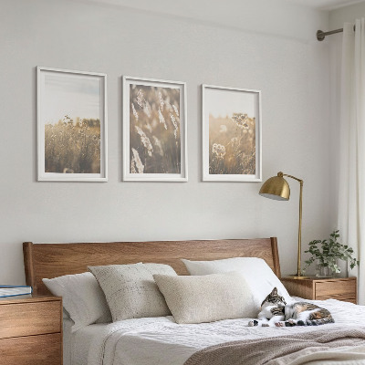 Set of 3 framed wall art pieces Landscape grass flowers warmth