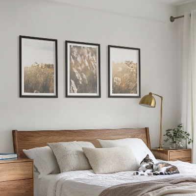 Set of 3 framed wall art pieces Landscape grass flowers warmth