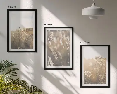 Set of 3 framed landscape wall art prints featuring grass and warm flowers
