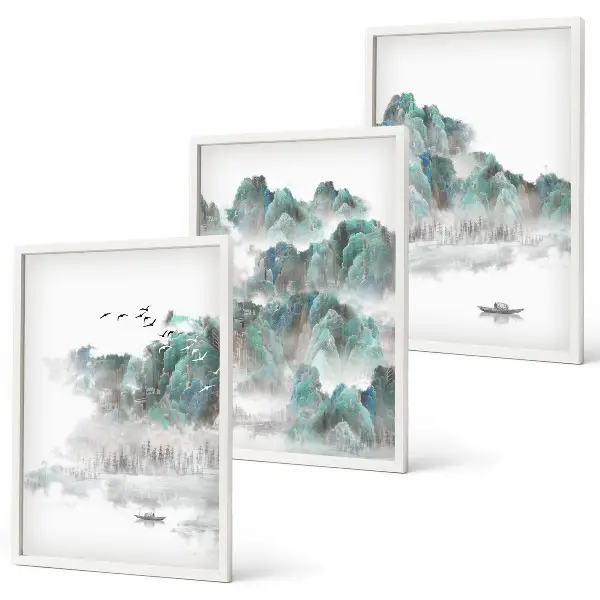 Three-piece wall art set featuring mountains, clouds, birds, and a boat in a Japandi style