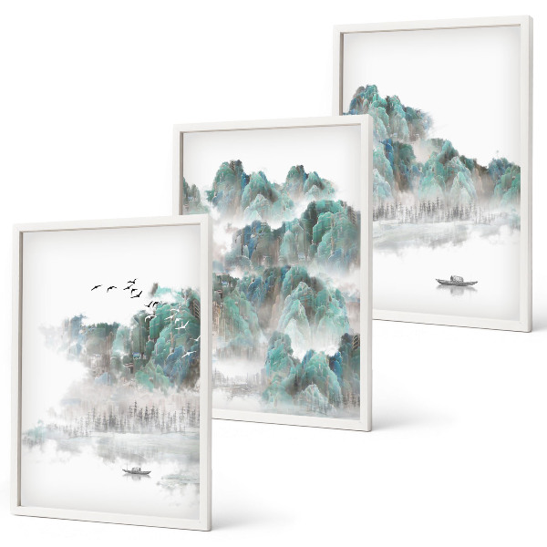 Three-piece wall art piece Mountains, clouds, birds, boat, japandi