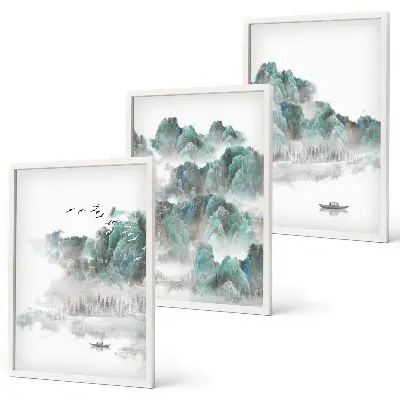 Three-piece wall art set featuring mountains, clouds, birds, and a boat in a Japandi style