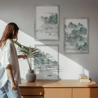 Three-piece wall art set featuring mountains, clouds, birds, and a boat in a Japandi style
