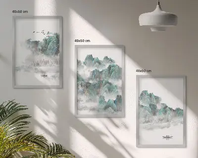 Three-piece wall art set featuring mountains, clouds, birds, and a boat in a Japandi style