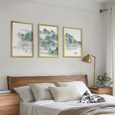 Three-piece wall art piece Mountains, clouds, birds, boat, japandi