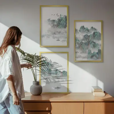 Three-piece wall art set featuring mountains, clouds, birds, and a boat in a Japandi style