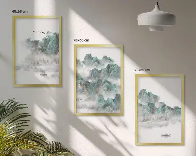 Three-piece wall art set featuring mountains, clouds, birds, and a boat in a Japandi style