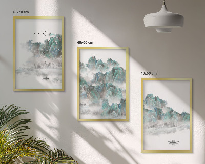 Three-piece wall art piece Mountains, clouds, birds, boat, japandi