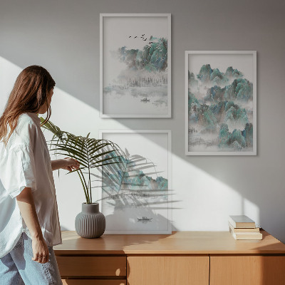 Three-piece wall art piece Mountains, clouds, birds, boat, japandi
