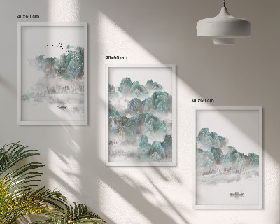 Three-piece wall art piece Mountains, clouds, birds, boat, japandi