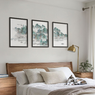 Three-piece wall art piece Mountains, clouds, birds, boat, japandi