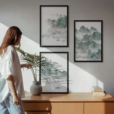 Three-piece wall art set featuring mountains, clouds, birds, and a boat in a Japandi style