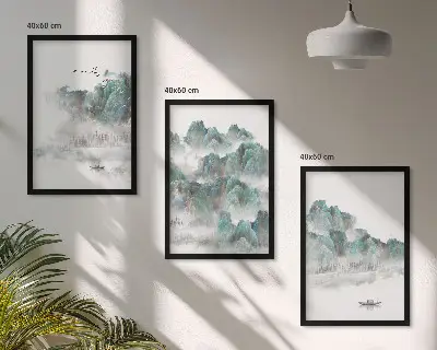 Three-piece wall art set featuring mountains, clouds, birds, and a boat in a Japandi style