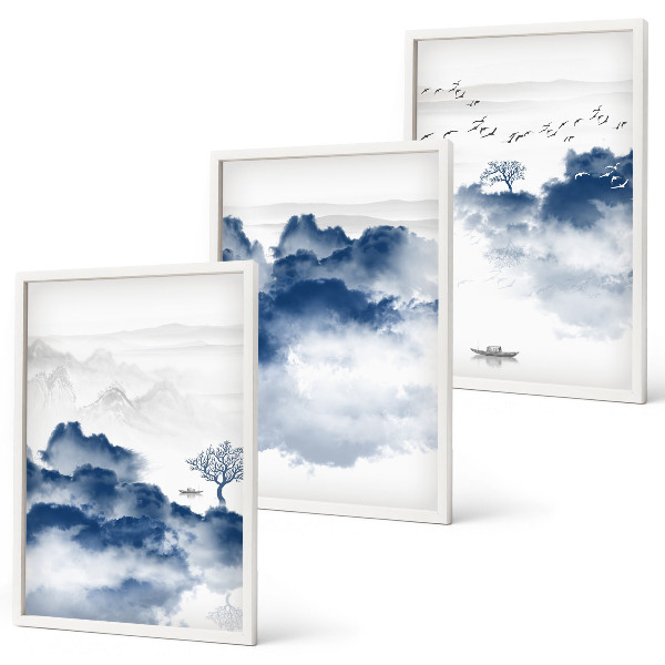 Set of 3 framed wall art pieces Mountains, clouds, trees, birds