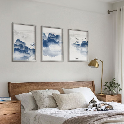 Set of 3 framed wall art pieces Mountains, clouds, trees, birds