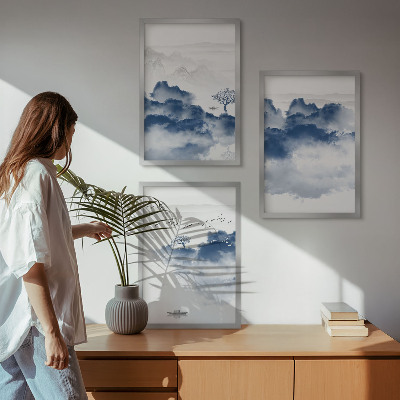 Set of 3 framed wall art pieces Mountains, clouds, trees, birds