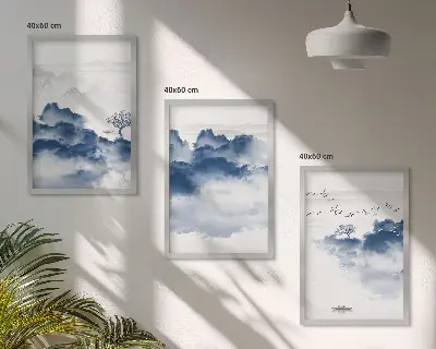 Set of 3 framed wall art pieces featuring mountains, clouds, trees, and birds