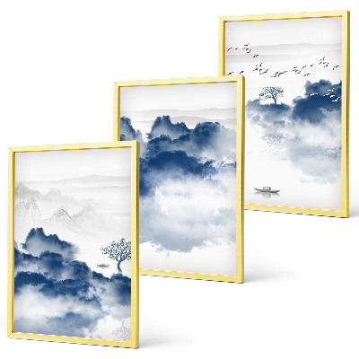 Set of 3 framed wall art pieces Mountains, clouds, trees, birds