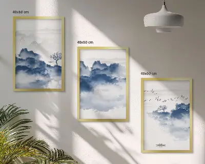Set of 3 framed wall art pieces featuring mountains, clouds, trees, and birds
