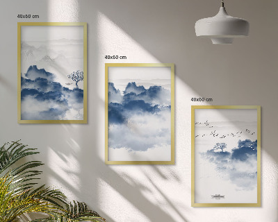 Set of 3 framed wall art pieces Mountains, clouds, trees, birds