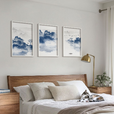 Set of 3 framed wall art pieces Mountains, clouds, trees, birds