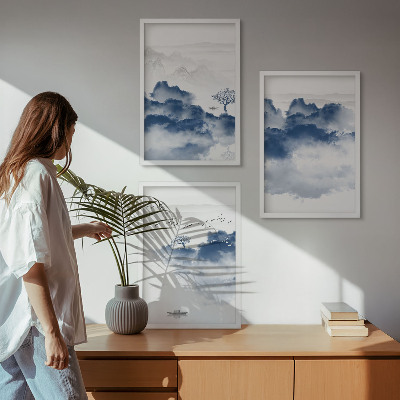 Set of 3 framed wall art pieces Mountains, clouds, trees, birds