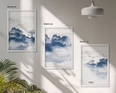 Set of 3 framed wall art pieces featuring mountains, clouds, trees, and birds