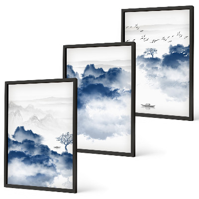 Set of 3 framed wall art pieces Mountains, clouds, trees, birds