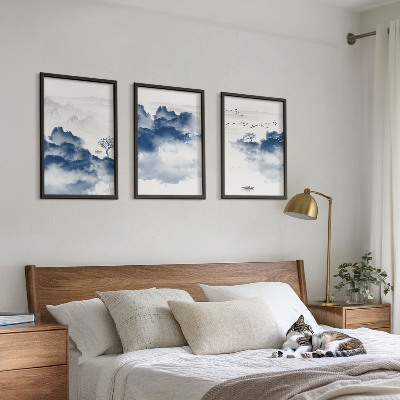 Set of 3 framed wall art pieces Mountains, clouds, trees, birds