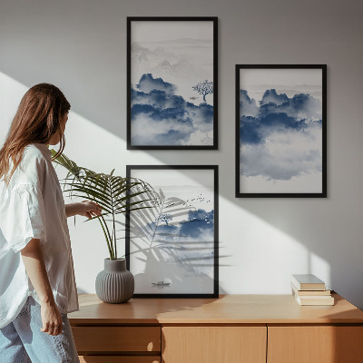 Set of 3 framed wall art pieces Mountains, clouds, trees, birds