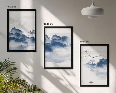 Set of 3 framed wall art pieces featuring mountains, clouds, trees, and birds
