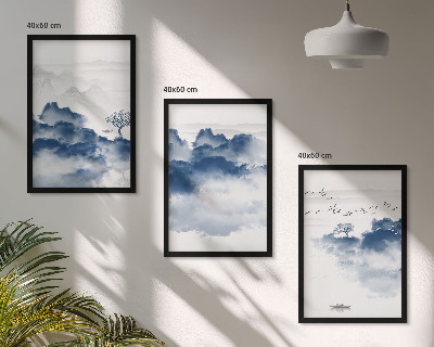 Set of 3 framed wall art pieces Mountains, clouds, trees, birds